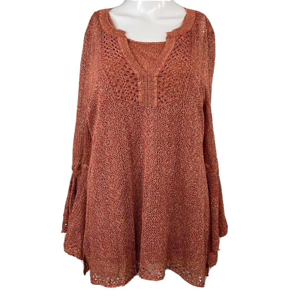 Chicos Sweater Womens Sz 1 M Rust Brown Metallic Knit Faux Tank Bell Sleeve